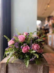 pink rose and lilac freesia posy